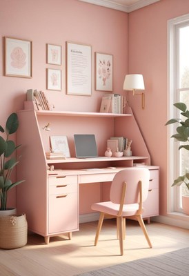 Cozy pink home office with desk and plants