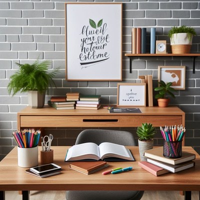 Cozy home office setup with books and plants
