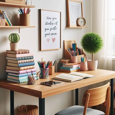 Cozy study desk setup with books and plants