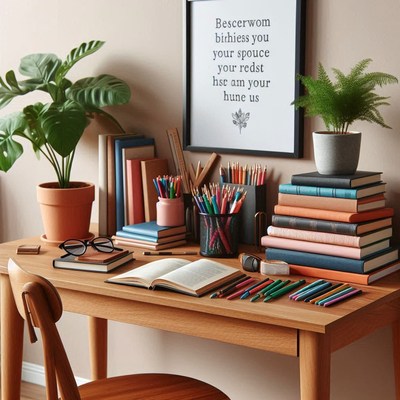 Cozy workspace with plants and craft supplies