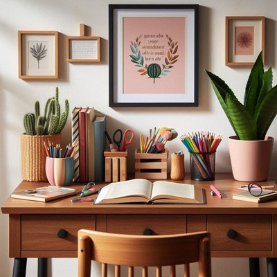 Organized study space with plants and colorful supplies