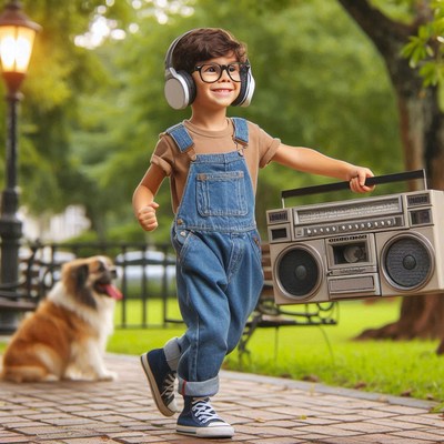 Young boy enjoying music with boom box in park