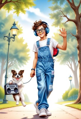 Boy walking dog with boombox in sunny park