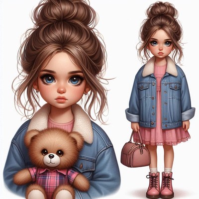 Young girl holding teddy bear in denim jacket