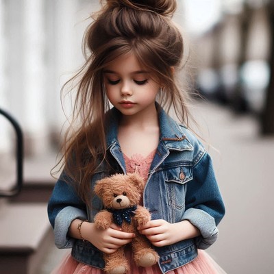 Young girl in denim jacket holding teddy bear outdoors