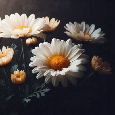 Daisies in bloom against a dark background