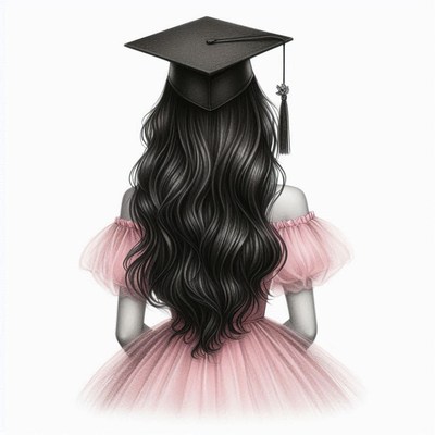 Female graduate in pink gown with long black hair