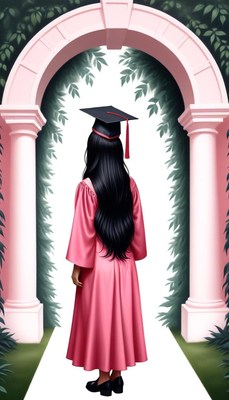 Graduate in pink gown stands under archway