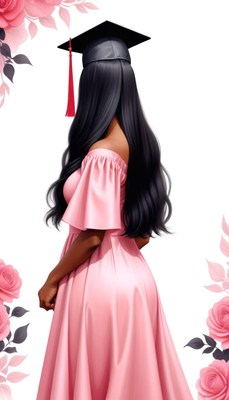 Graduate in pink dress with cap surrounded by roses