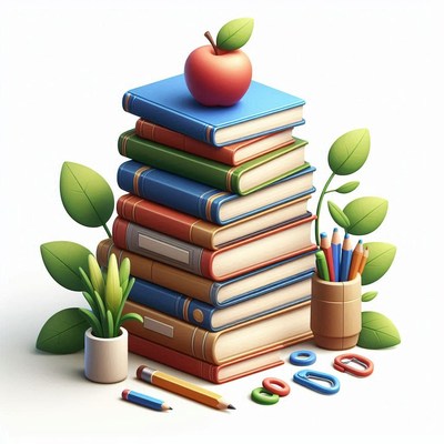Stack of colorful books with apple and stationery items