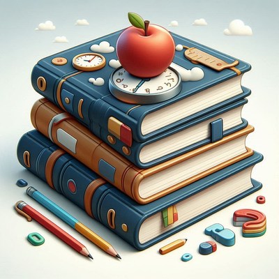 Colorful stack of books with apple and school supplies