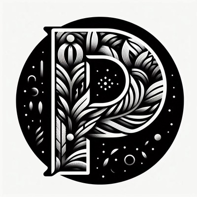 Artistic floral letter p in black and white design