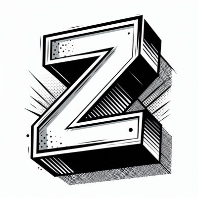 Bold three-dimensional letter z design in black and white