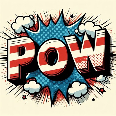 Comic style pow graphic with red and white stripes