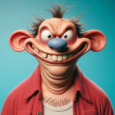 Cartoon character with blue nose against bright background