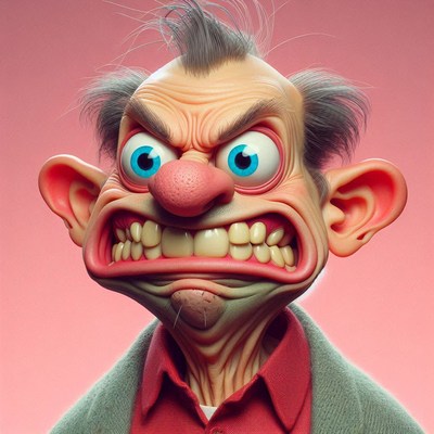 Angry cartoon character with blue eyes and messy hair