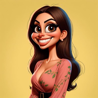 Smiling cartoon character in floral dress, yellow bg