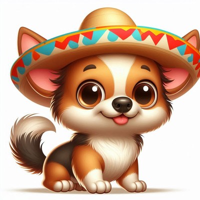 Cute cartoon dog wearing colorful sombrero