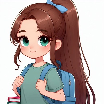 Young girl with backpack and books in cartoon style