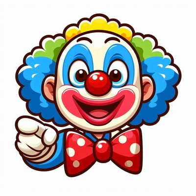 Cheerful cartoon clown pointing with a big smile