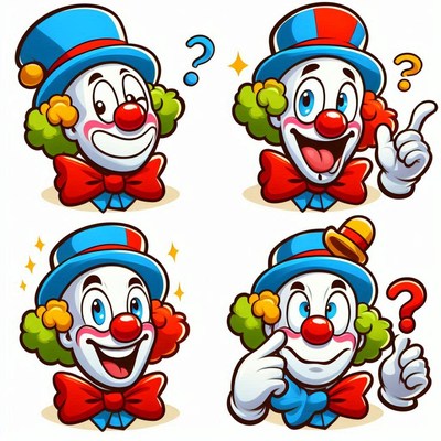 Four colorful clown faces in fun expressions