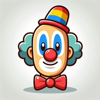 Colorful cartoon clown face with red nose and hat