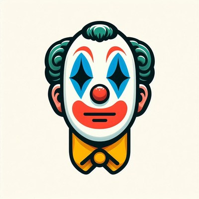 Colorful clown face illustration with blue eyes and red nose
