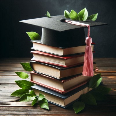 Graduation cap on books surrounded by green leaves