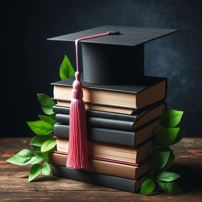 Graduation cap on stack of books with green leaves