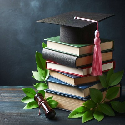 Graduation cap on stack of books with scroll and leaves