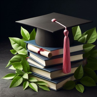 Graduation cap and books surrounded by green leaves