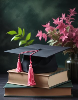 Graduation cap on stack of books with flowers