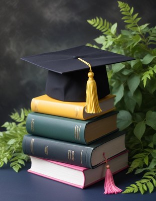 Graduation cap on stack of books with greenery
