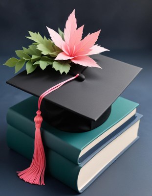 Graduation cap with flowers on stack of books