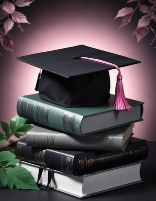Graduation cap on stack of books with leaves