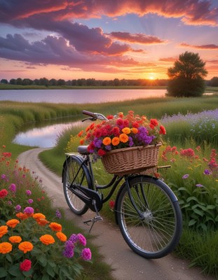 Bicycle with flower basket at sunset by riverbank