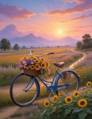 Blue bicycle by sunflower field at sunrise