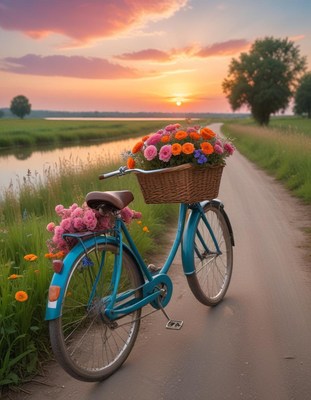 Bicycle with flower basket at sunset by a riverbank