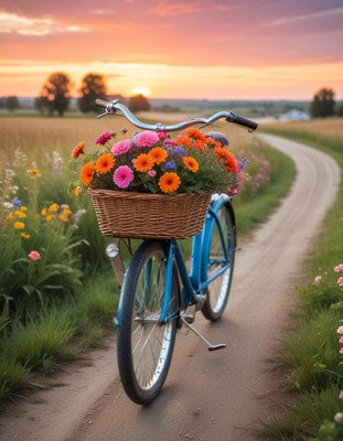 Blue bicycle with flowers on a country road at sunset