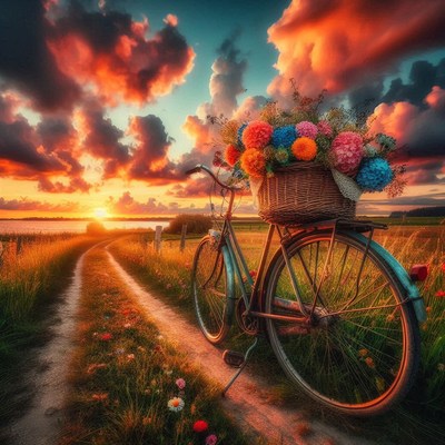 Sunset bike ride with flower basket on country path