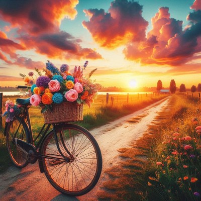 Bicycle surrounded by flowers at sunset over fields