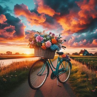 Bicycle with flower basket at sunset by river