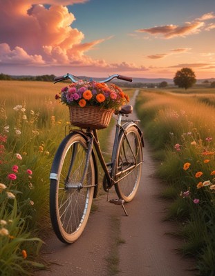 Bicycle with flowers by a sunset field path