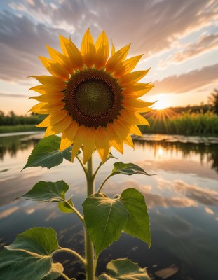 Sunflower by the water at sunset