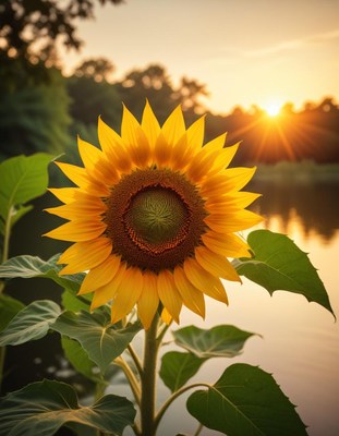 Sunflower awash in sunset glow by tranquil lake