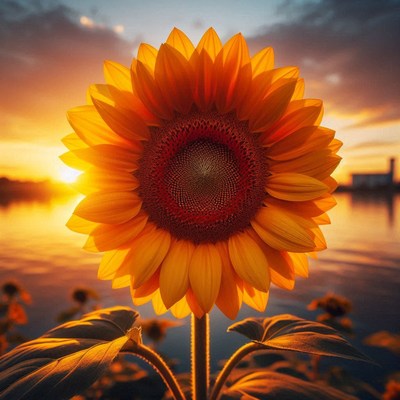 Bright sunflower against sunset reflected in water