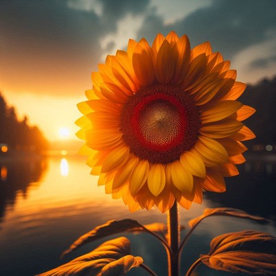 Stunning sunflower by lake at sunset
