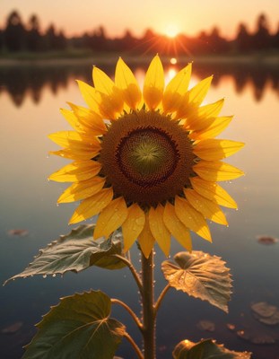 Sunflower at dawn by the tranquil lake