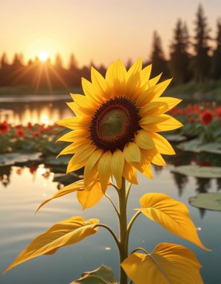 Sunflower blooming at sunset by tranquil lake