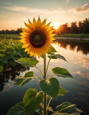 Sunflower against setting sun at riverbank